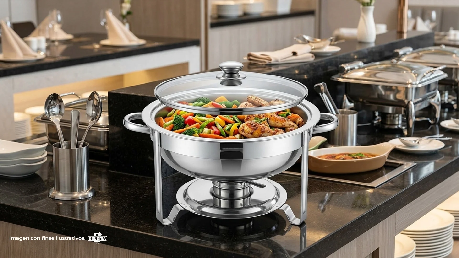 Calentador Rechaud para Buffet Circular 5.5 Litros Tapa Acrílico